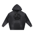 Black vintage-wash hoodie with Black & White circle logo – front