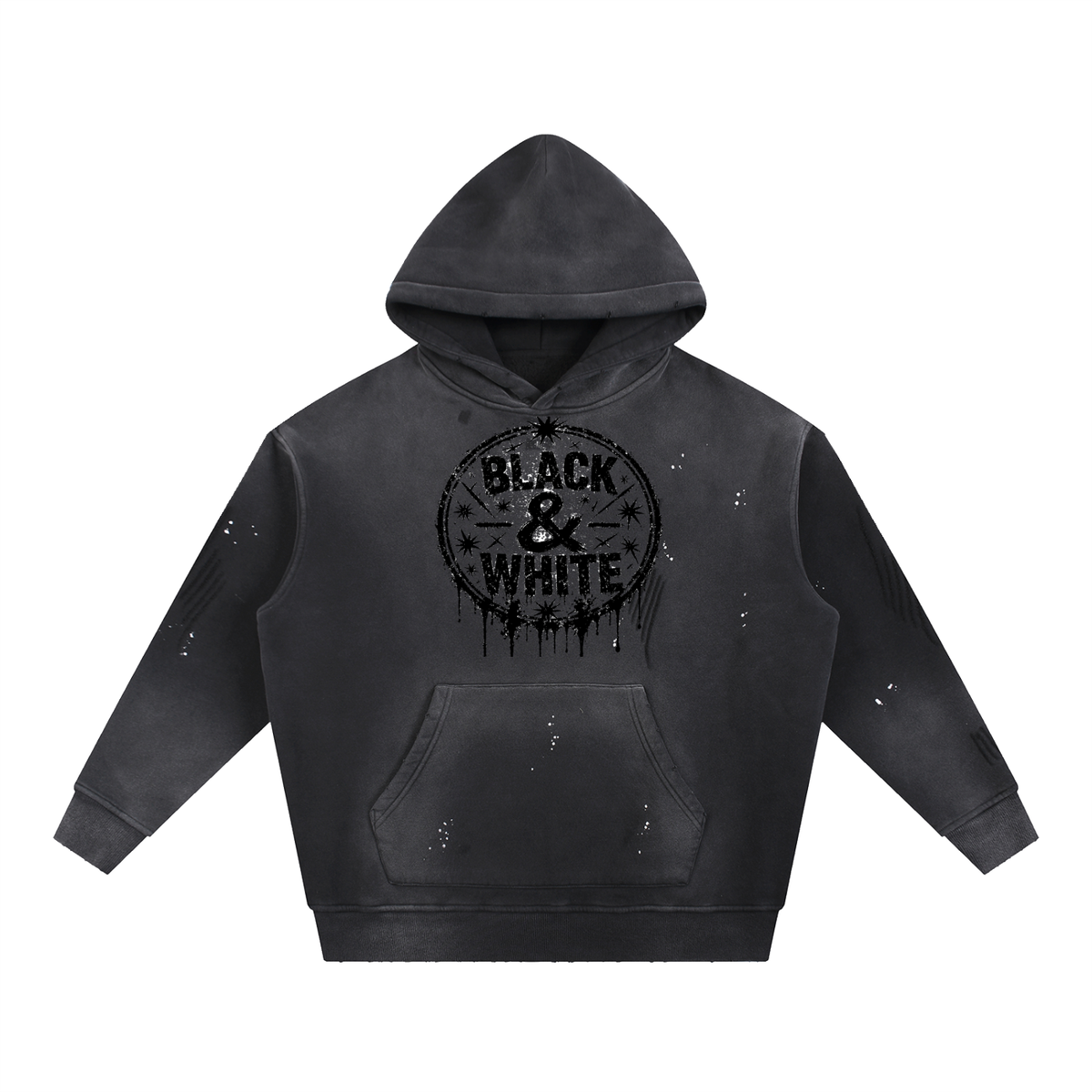 Black vintage-wash hoodie with Black & White circle logo – front