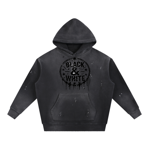 Black vintage-wash hoodie with Black & White circle logo – front