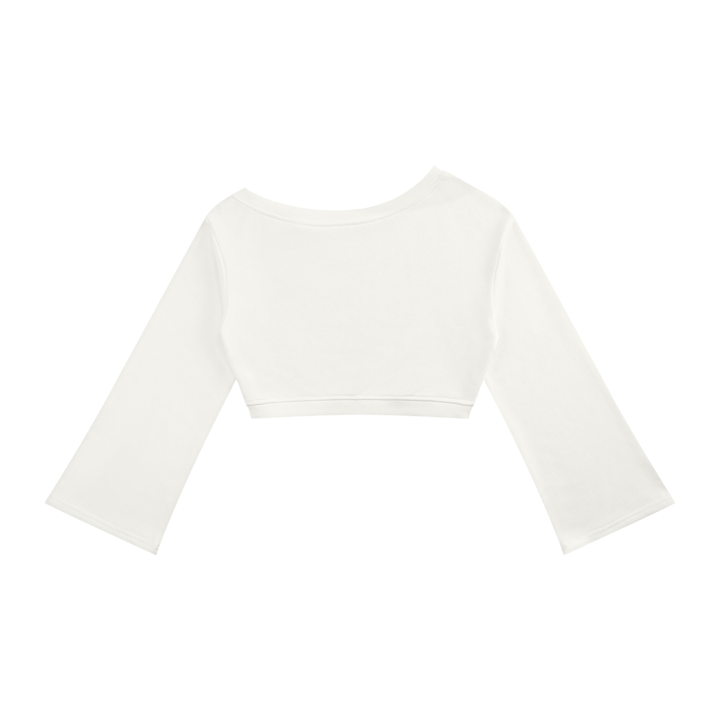 White WOW off-shoulder cropped sweatshirt with bell sleeves – front