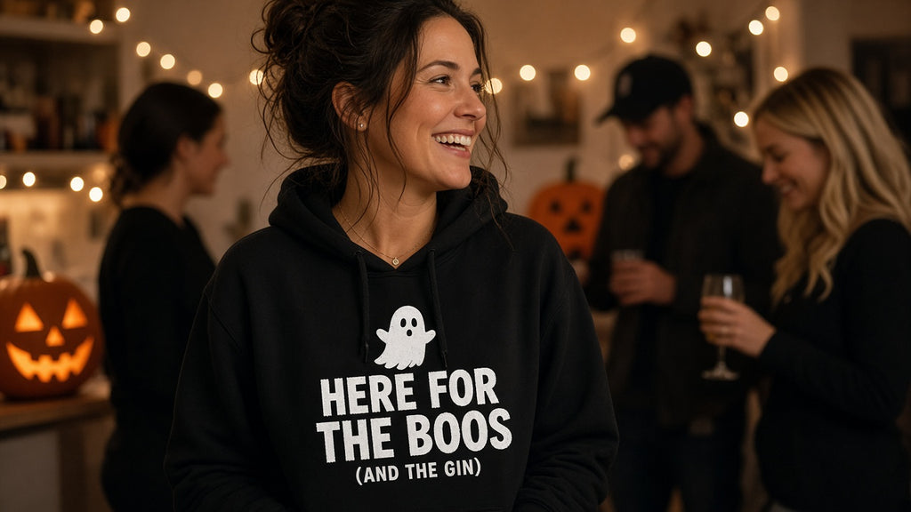 Woman wearing black Here for the Boos and the Gin Halloween hoodie at a Halloween party