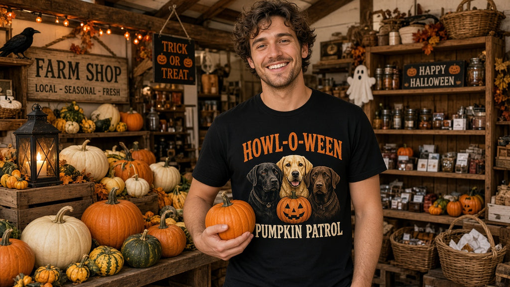 Person wearing black Labrador Pumpkin Patrol Halloween T-shirt (lifestyle photo 1)