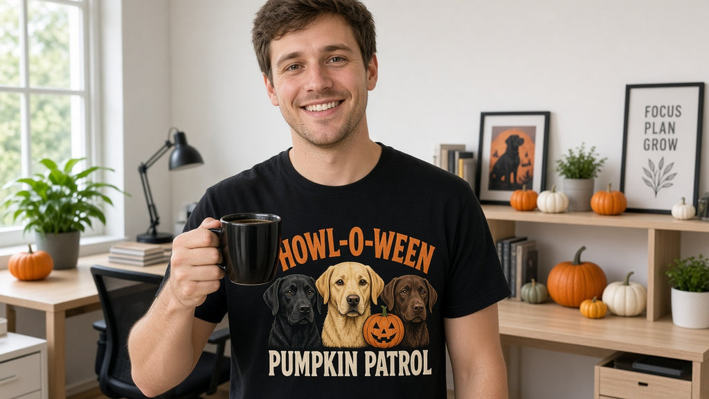 Person wearing black Labrador Pumpkin Patrol Halloween T-shirt (lifestyle photo 3)