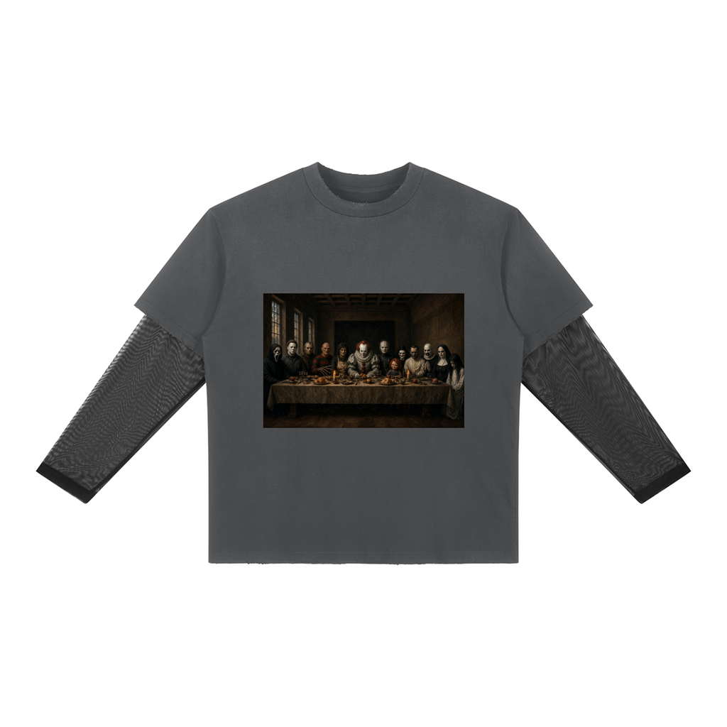 Halloween Last Supper Sunfade Layered Long-Sleeve T-Shirt in dark grey – front, Last Supper print – E E McMace