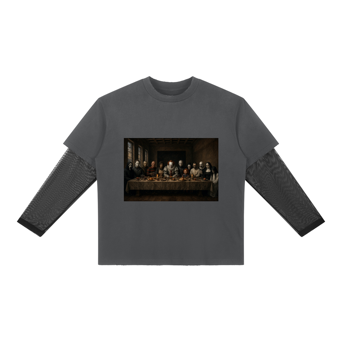 Halloween Last Supper Sunfade Layered Long-Sleeve T-Shirt in dark grey – front, Last Supper print – E E McMace