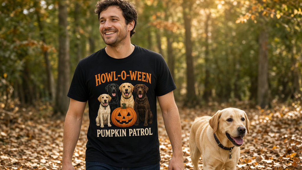 Man wearing black Labrador Pumpkin Patrol Howl-o-ween T-shirt on an autumn woodland walk with his yellow lab