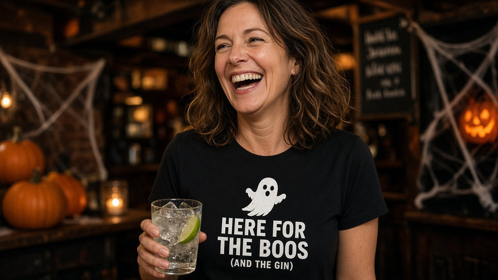 Woman wearing black Here for the Boos and the Gin Halloween T-shirt in a pub with a gin and tonic