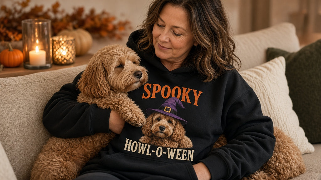 Woman wearing black Spooky Cockapoo Halloween hoodie cuddling her cockapoo on the sofa