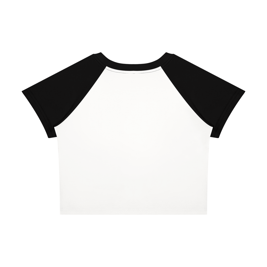White baby tee with black raglan sleeves – back