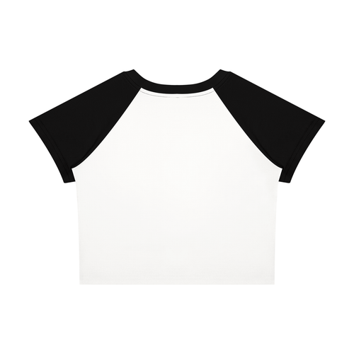 White baby tee with black raglan sleeves – back