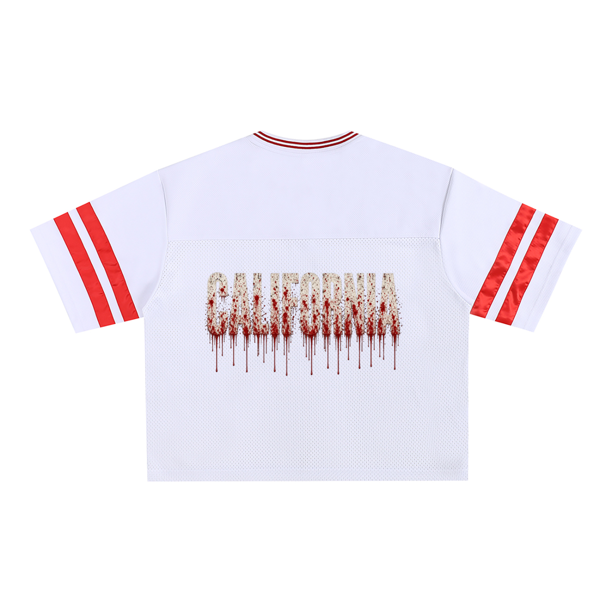 Halloween Bloody Knife Mesh Boxy T-Shirt in white – back, dripping California print – E E McMace