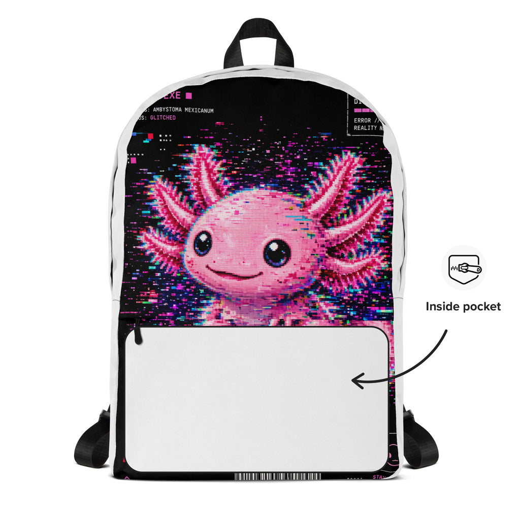 Axolotl Streetwear Backpack with pink axolotl print – front – E E McMace
