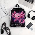 Axolotl Streetwear Backpack with pink axolotl print – front – E E McMace