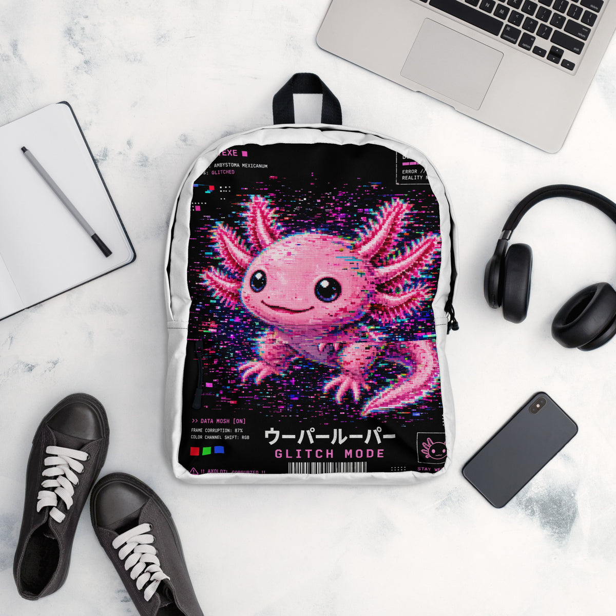 Axolotl Streetwear Backpack with pink axolotl print – front – E E McMace