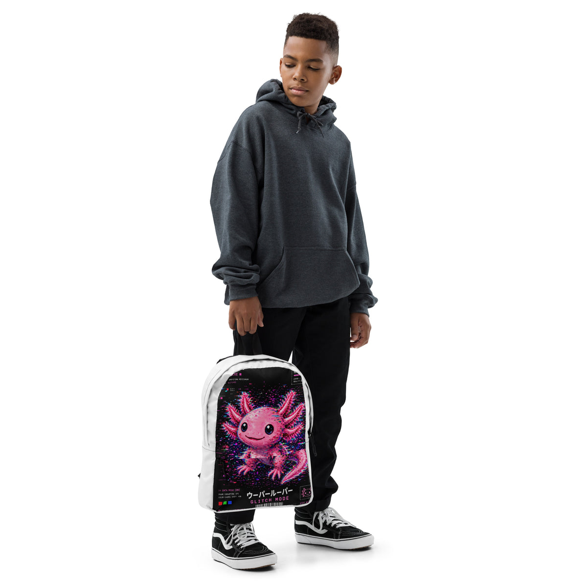 Axolotl Streetwear Backpack with pink axolotl print – front – E E McMace