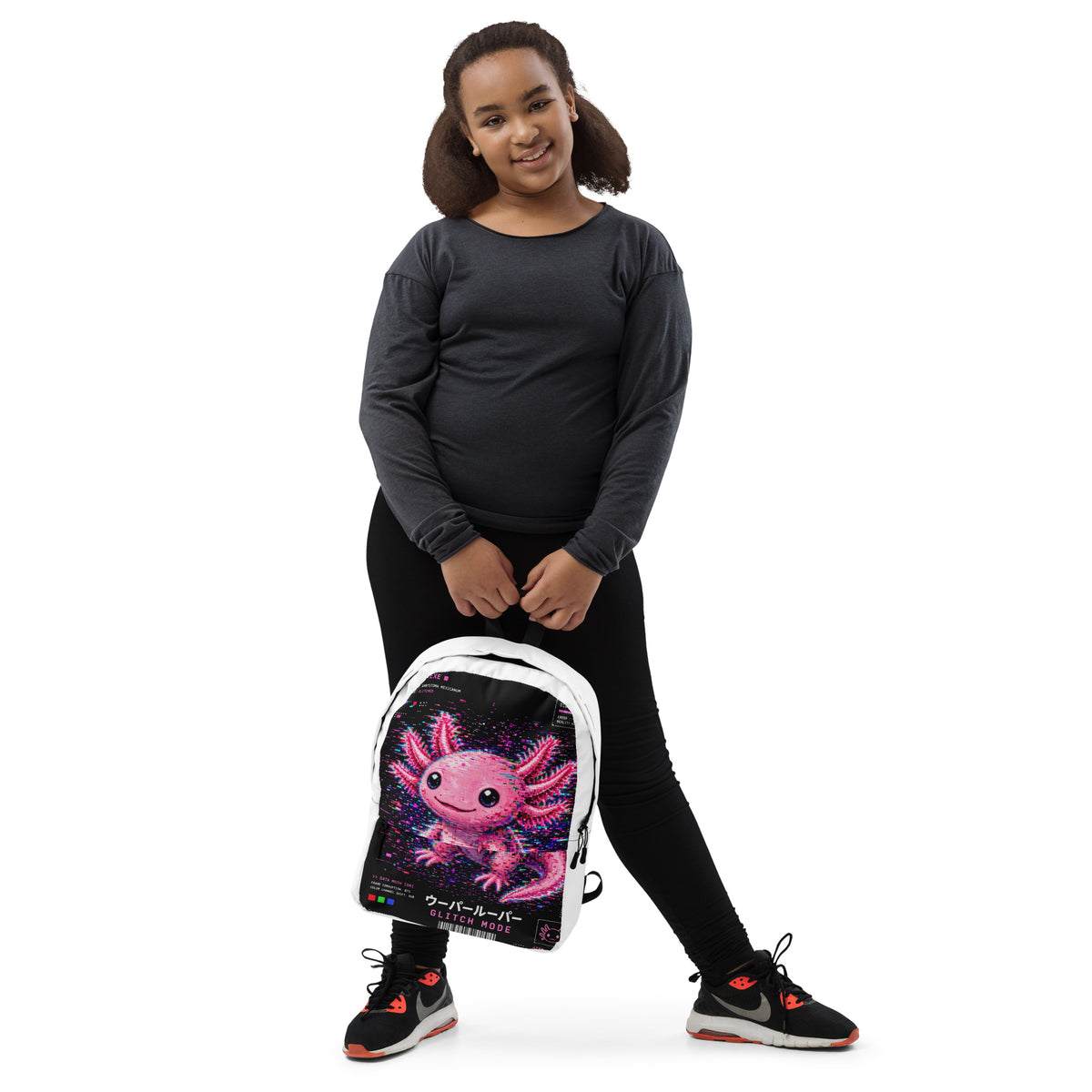 Axolotl Streetwear Backpack with pink axolotl print – front – E E McMace