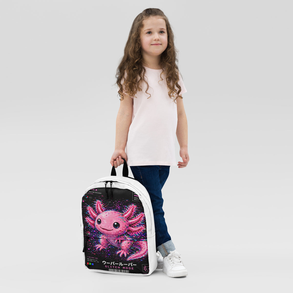 Axolotl Streetwear Backpack with pink axolotl print – front – E E McMace