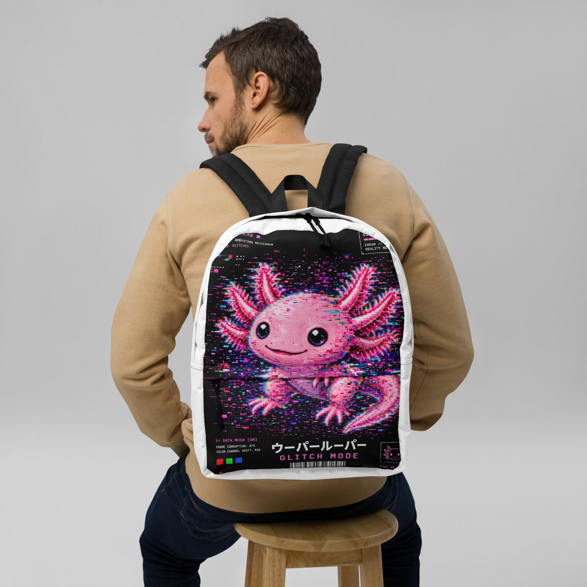 Axolotl Streetwear Backpack with pink axolotl print – front – E E McMace