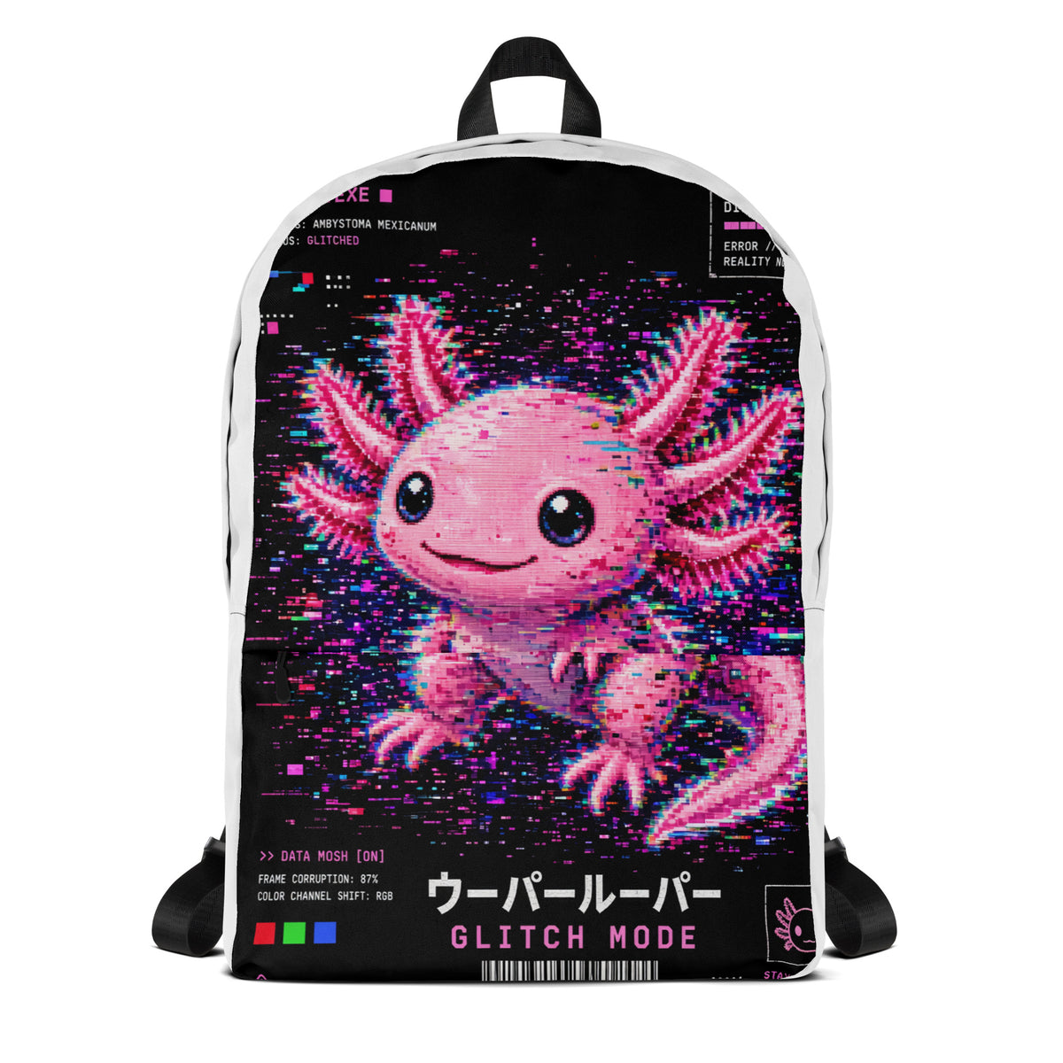 Axolotl Streetwear Backpack with pink axolotl print – front – E E McMace