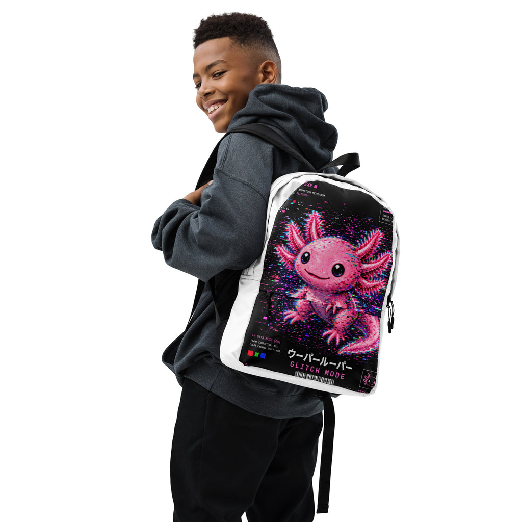 Axolotl Streetwear Backpack with pink axolotl print – back – E E McMace