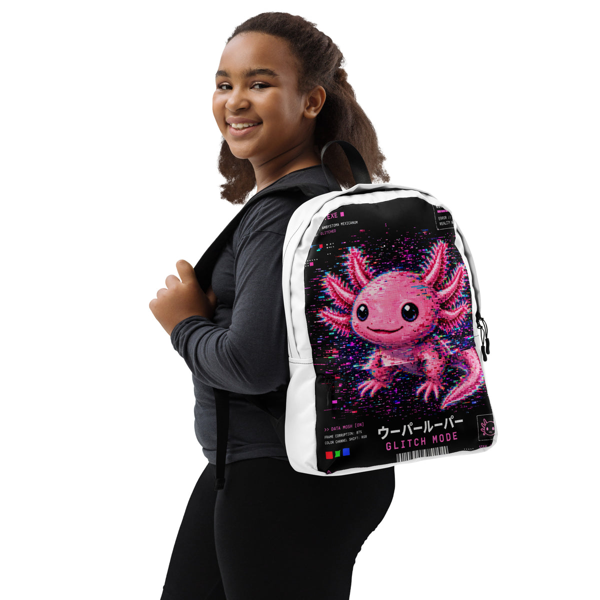 Axolotl Streetwear Backpack with pink axolotl print – back – E E McMace