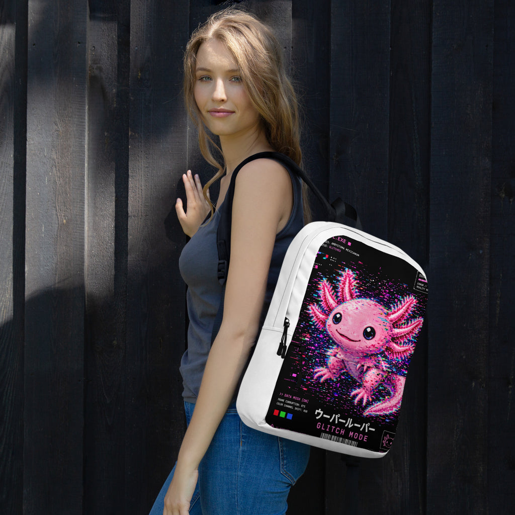 Axolotl Streetwear Backpack with pink axolotl print – back – E E McMace