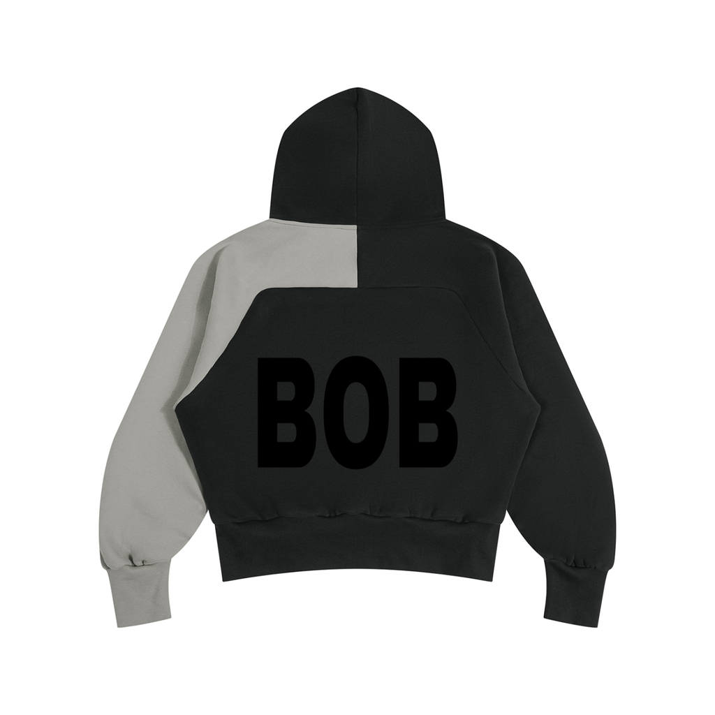 BOB black and grey colour-block quarter-zip hoodie – back, BOB print