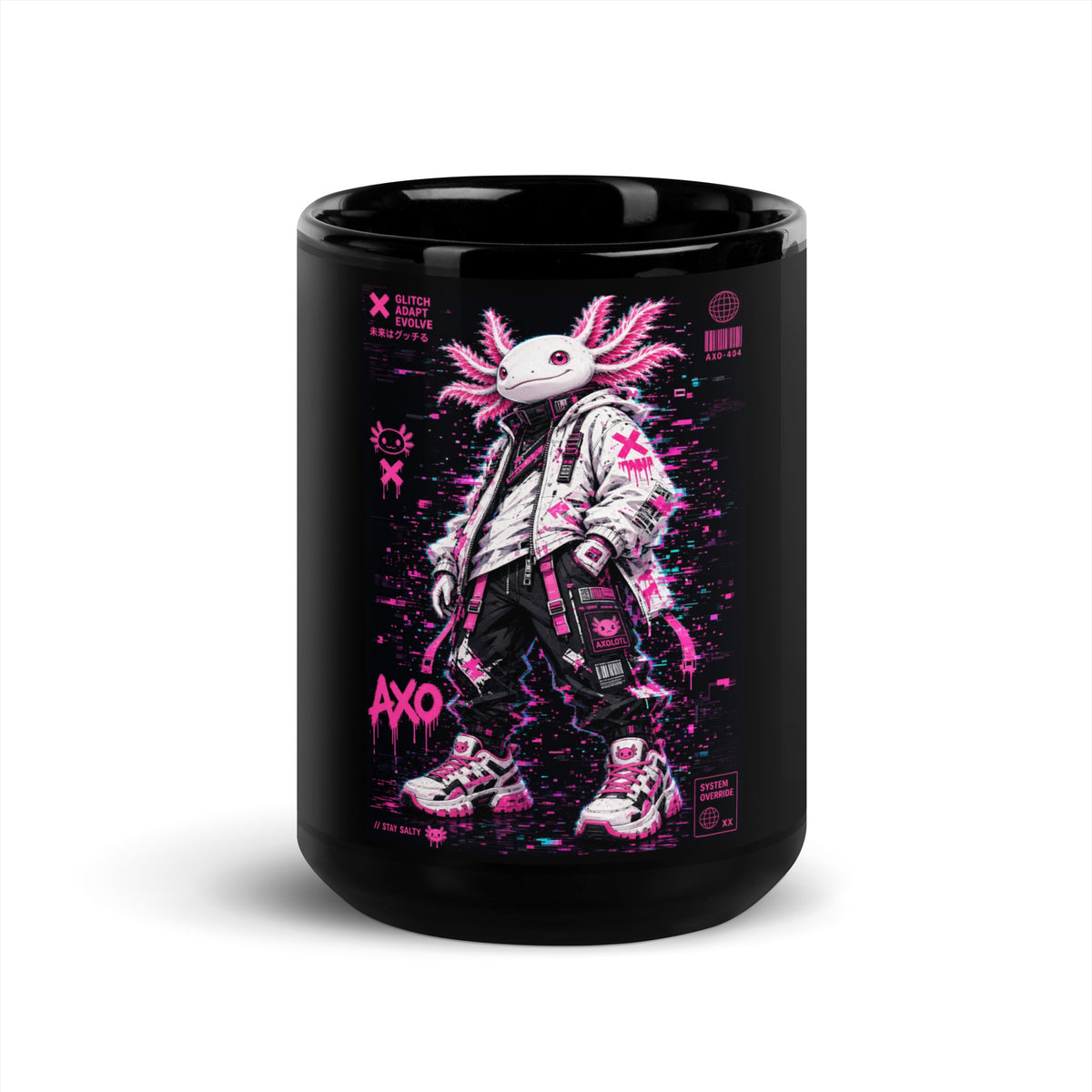 Axolotl Black Glossy Mug – 15 oz, front – E E McMace