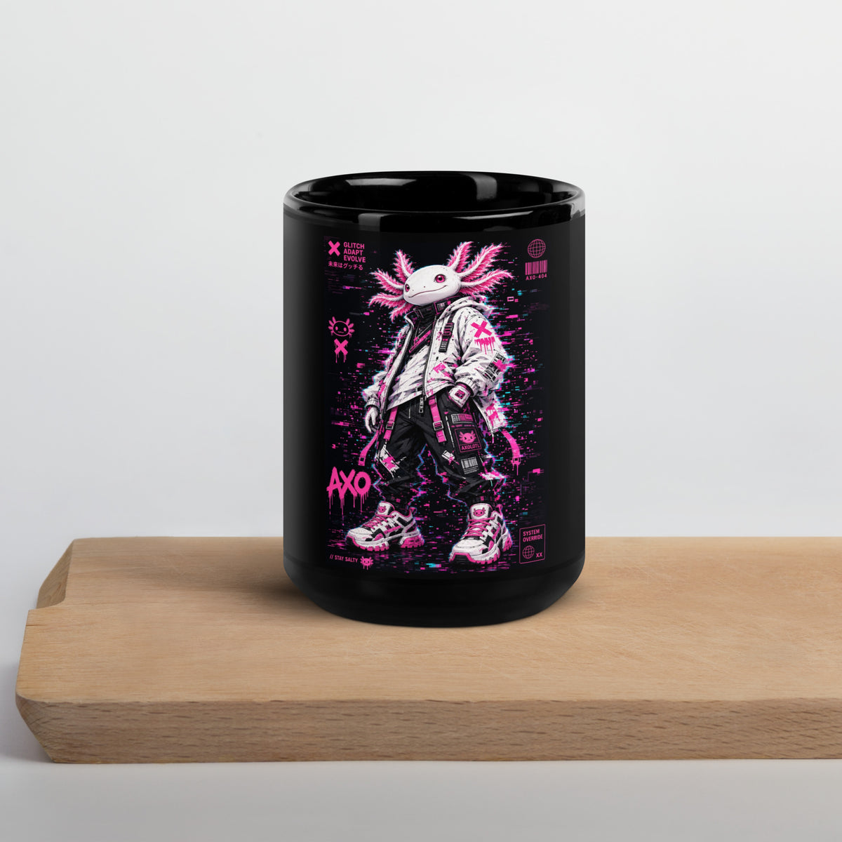 Axolotl Black Glossy Mug – 15 oz, front – E E McMace