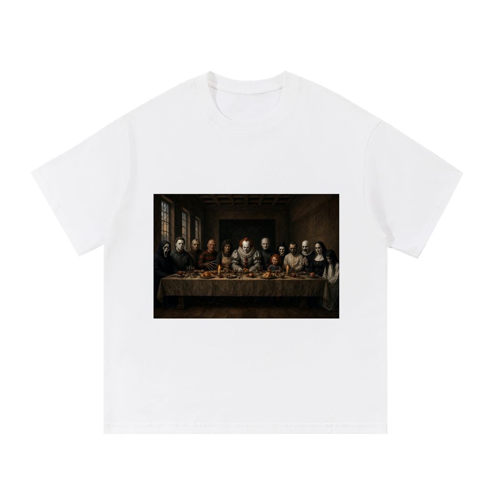 Halloween Last Supper Classic Cotton T-Shirt in white – front, Last Supper print – E E McMace
