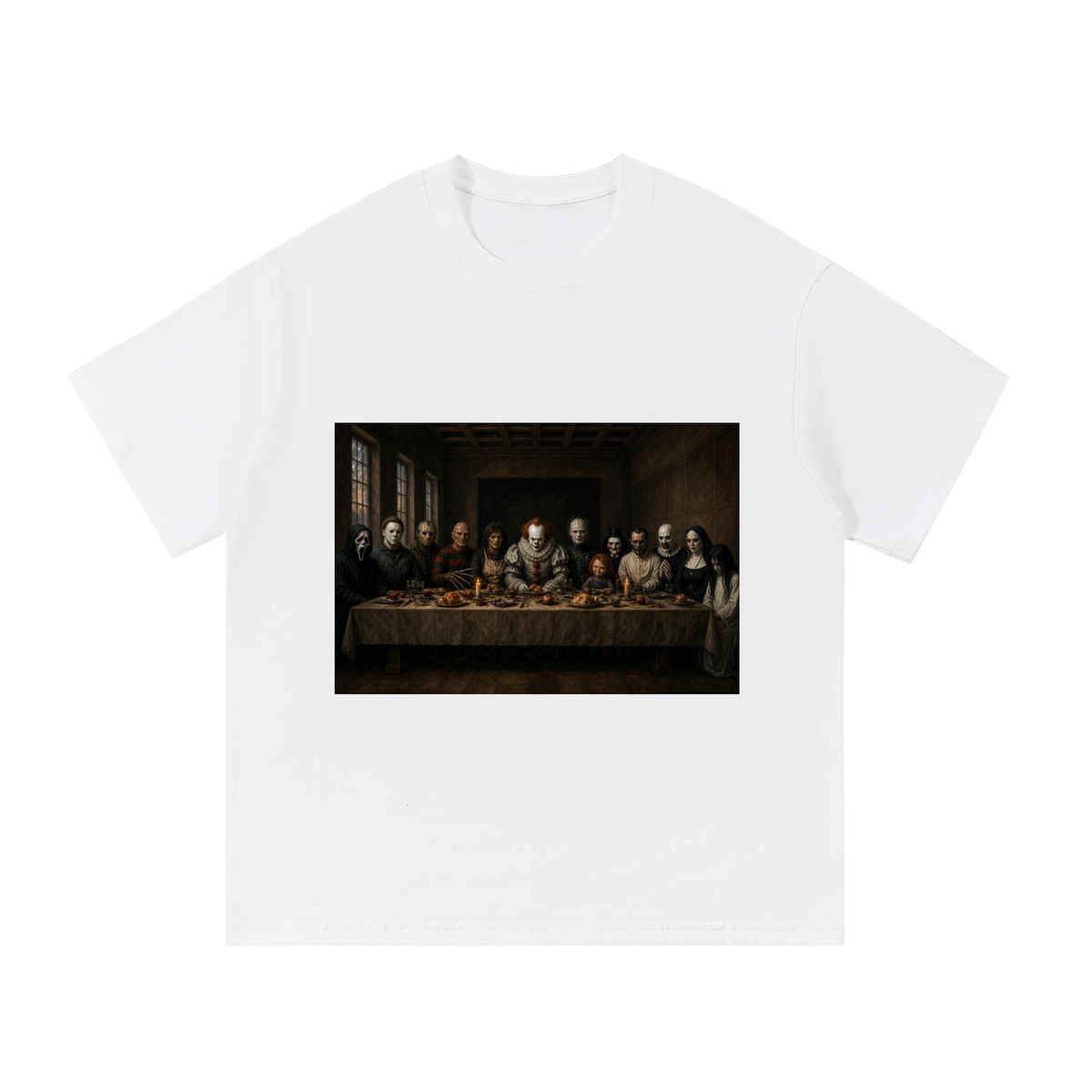 Halloween Last Supper Classic Cotton T-Shirt in white – front, Last Supper print – E E McMace