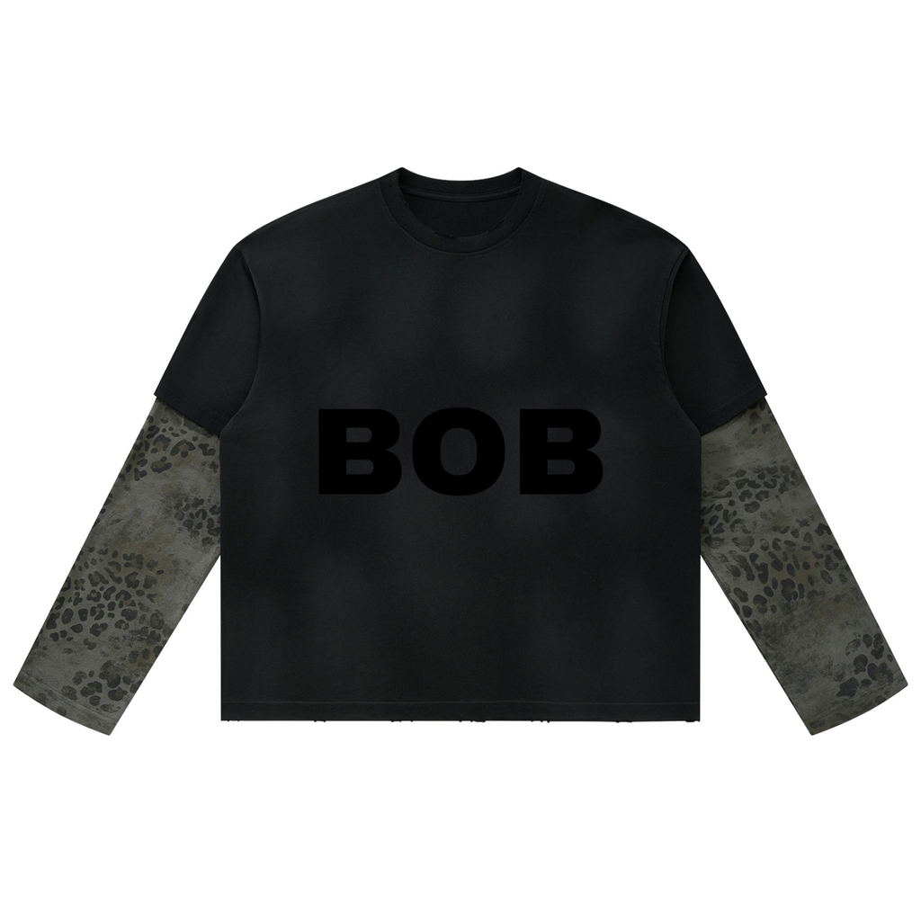 BOB black layered tee with leopard print sleeves – front