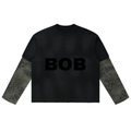 BOB black layered tee with leopard print sleeves – front
