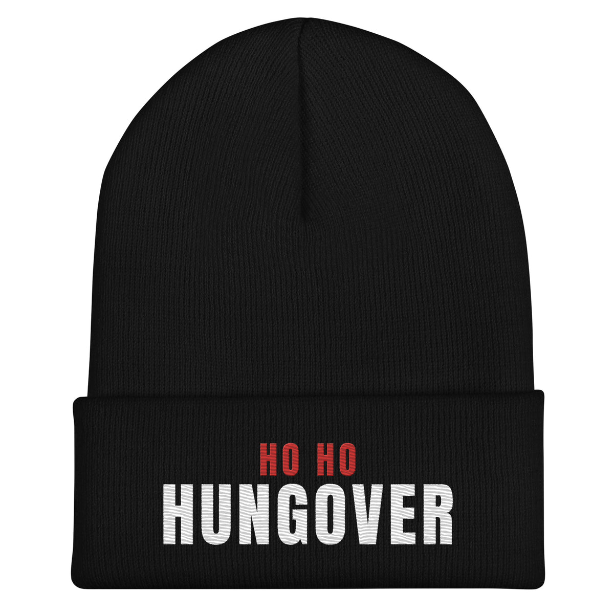 Ho Ho Hungover Embroidered Beanie in Black, front view – E E McMace Christmas 2026
