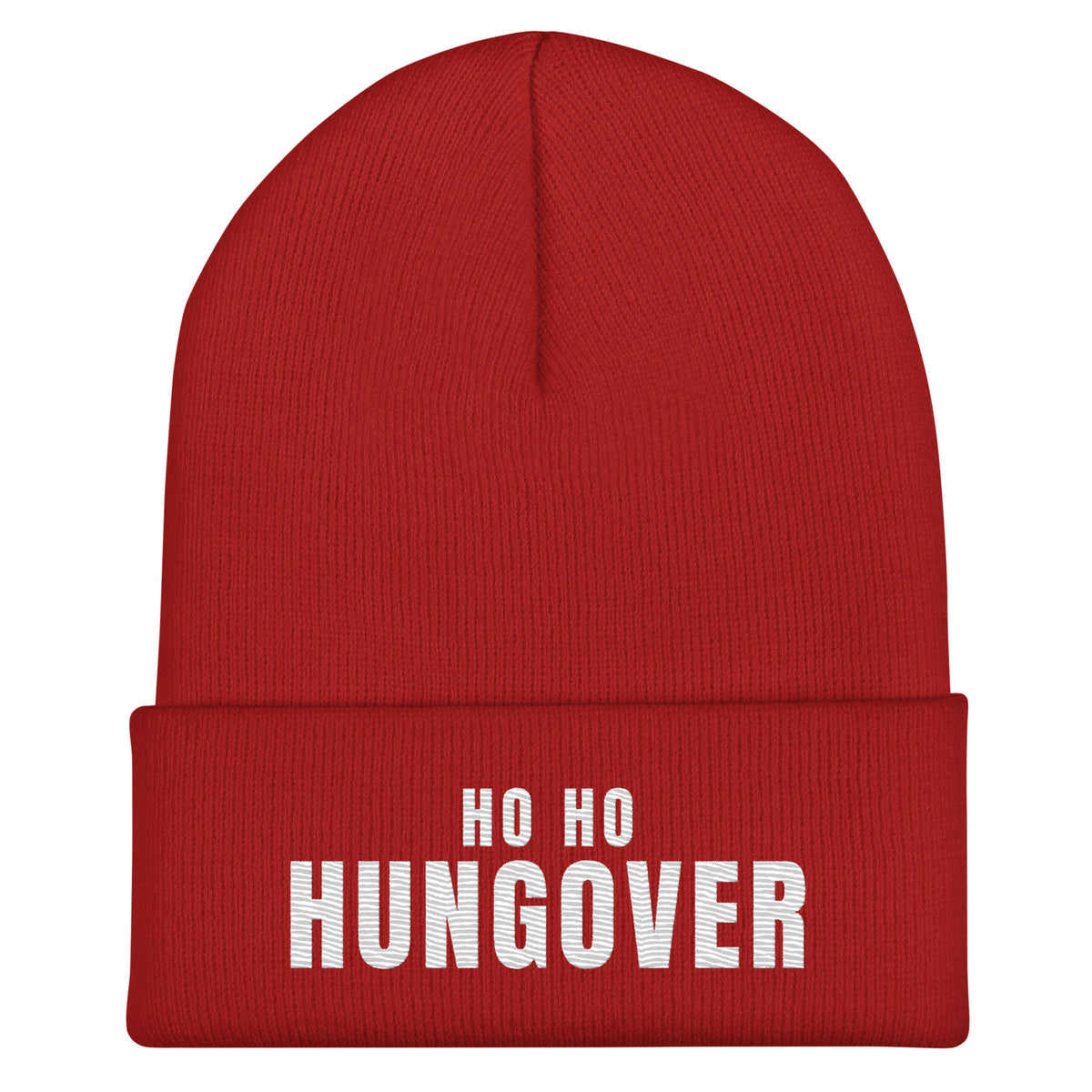 Ho Ho Hungover Embroidered Beanie in Red, front view – E E McMace Christmas 2026