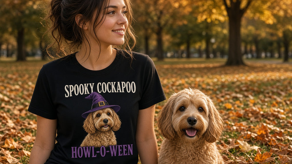 Woman wearing black Spooky Cockapoo Howl-o-ween T-shirt in an autumn park with her cockapoo