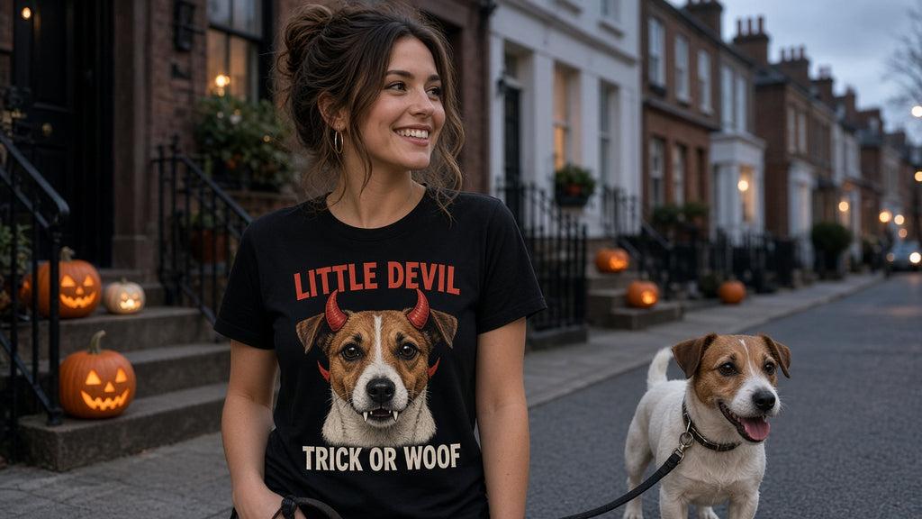 Woman wearing black Jack Russell Little Devil Trick or Woof T-shirt walking her Jack Russell