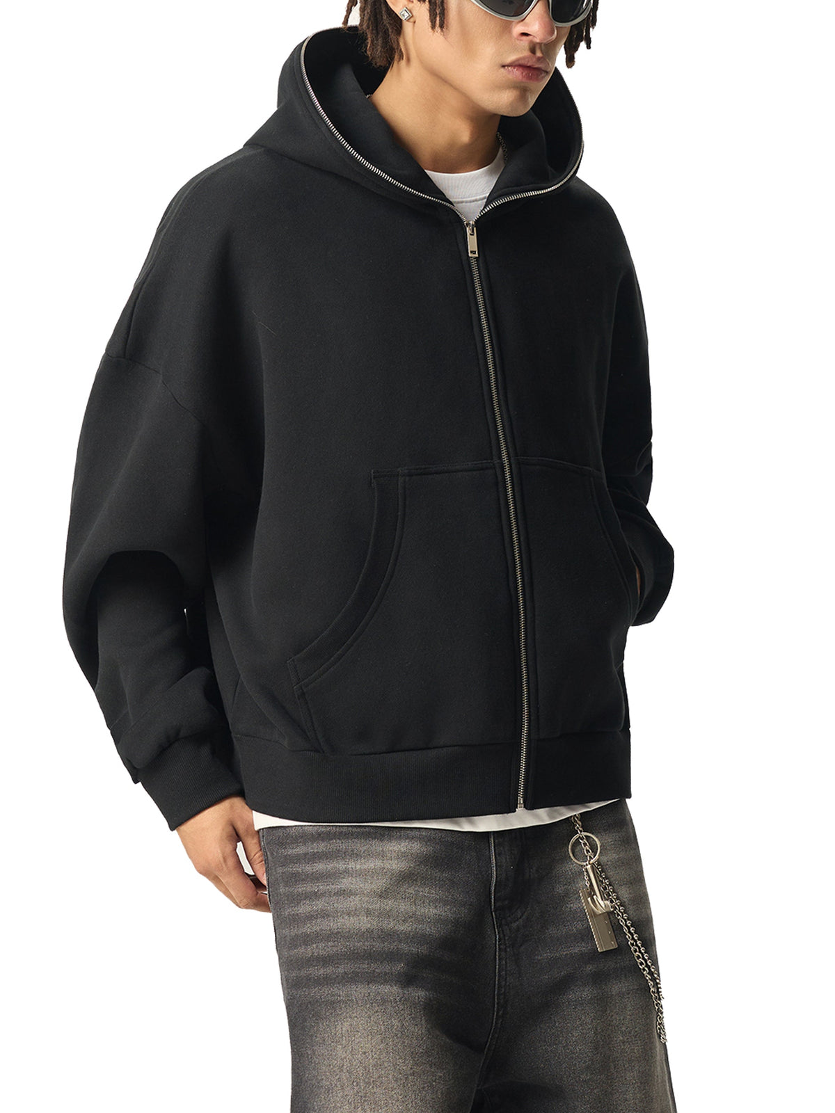 E E McMace hero — BOB black full-zip hoodie