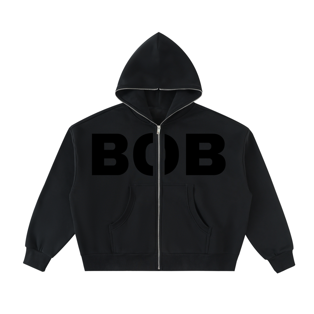 BOB Fleeced Full-Zip Boxy Hoodie in black – front, BOB print – E E McMace