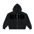BOB Fleeced Full-Zip Boxy Hoodie in black – front, BOB print – E E McMace