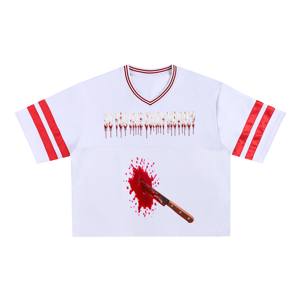 Halloween Bloody Knife Mesh Boxy T-Shirt in white – front, bloody knife print – E E McMace