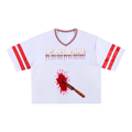 Halloween Bloody Knife Mesh Boxy T-Shirt in white – front, bloody knife print – E E McMace