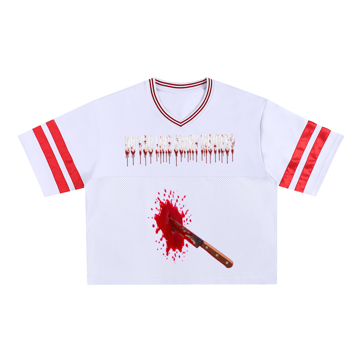 Halloween Bloody Knife Mesh Boxy T-Shirt in white – front, bloody knife print – E E McMace