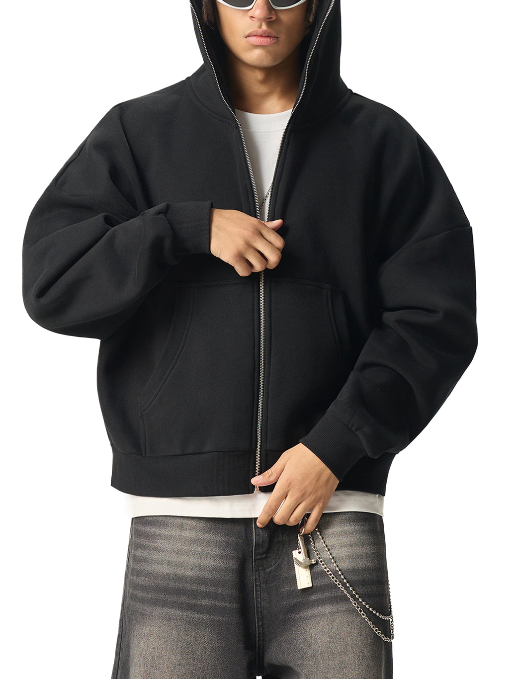BOB Fleeced Full-Zip Boxy Hoodie in black – worn by model – E E McMace