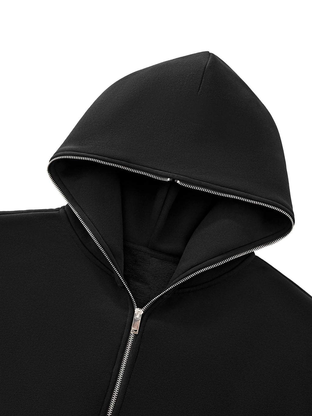 BOB Fleeced Full-Zip Boxy Hoodie in black – hood and zip detail – E E McMace