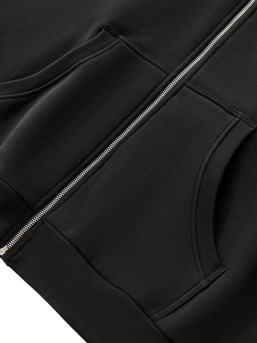 BOB Fleeced Full-Zip Boxy Hoodie in black – detail – E E McMace