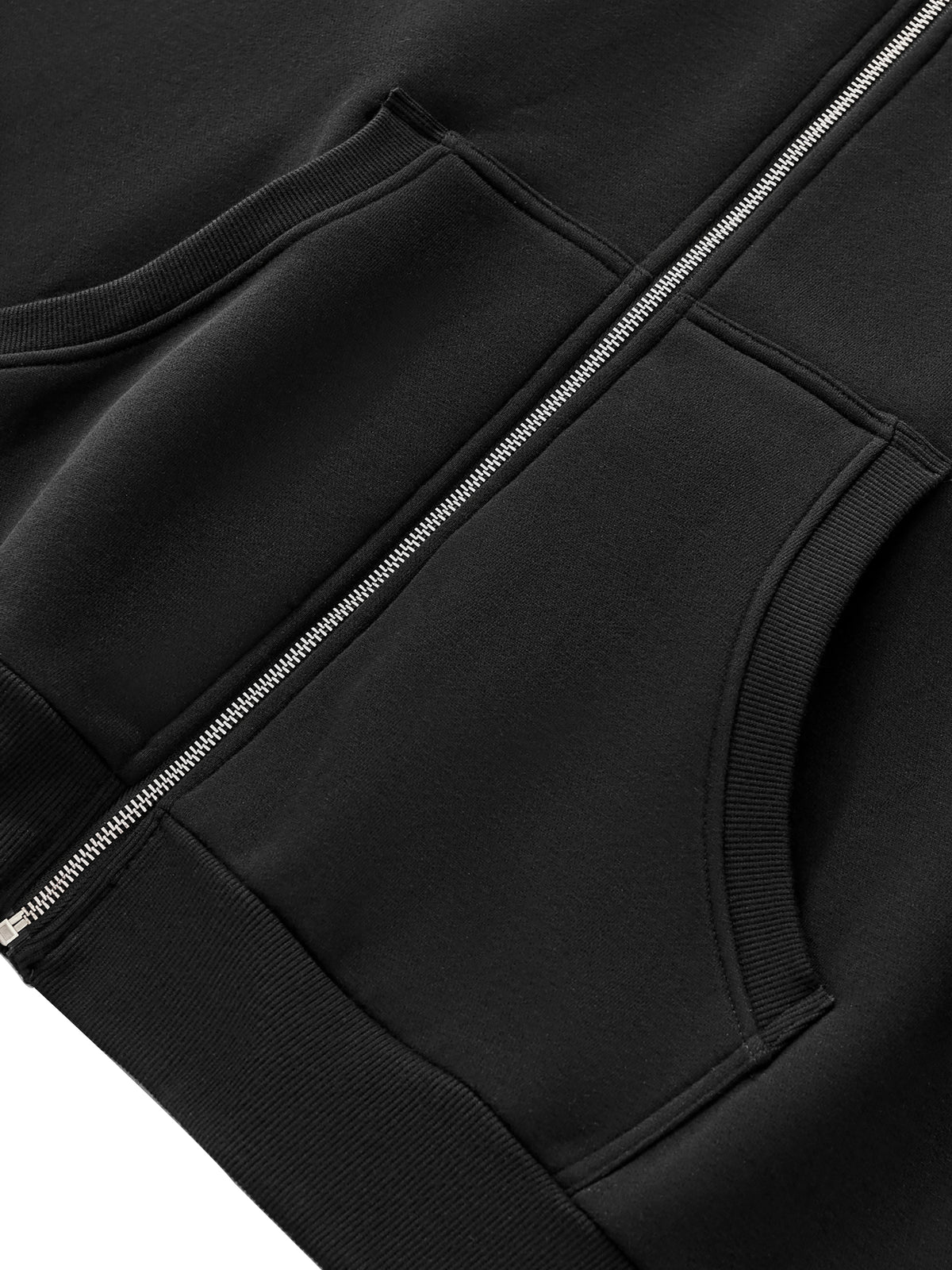 BOB Fleeced Full-Zip Boxy Hoodie in black – detail – E E McMace