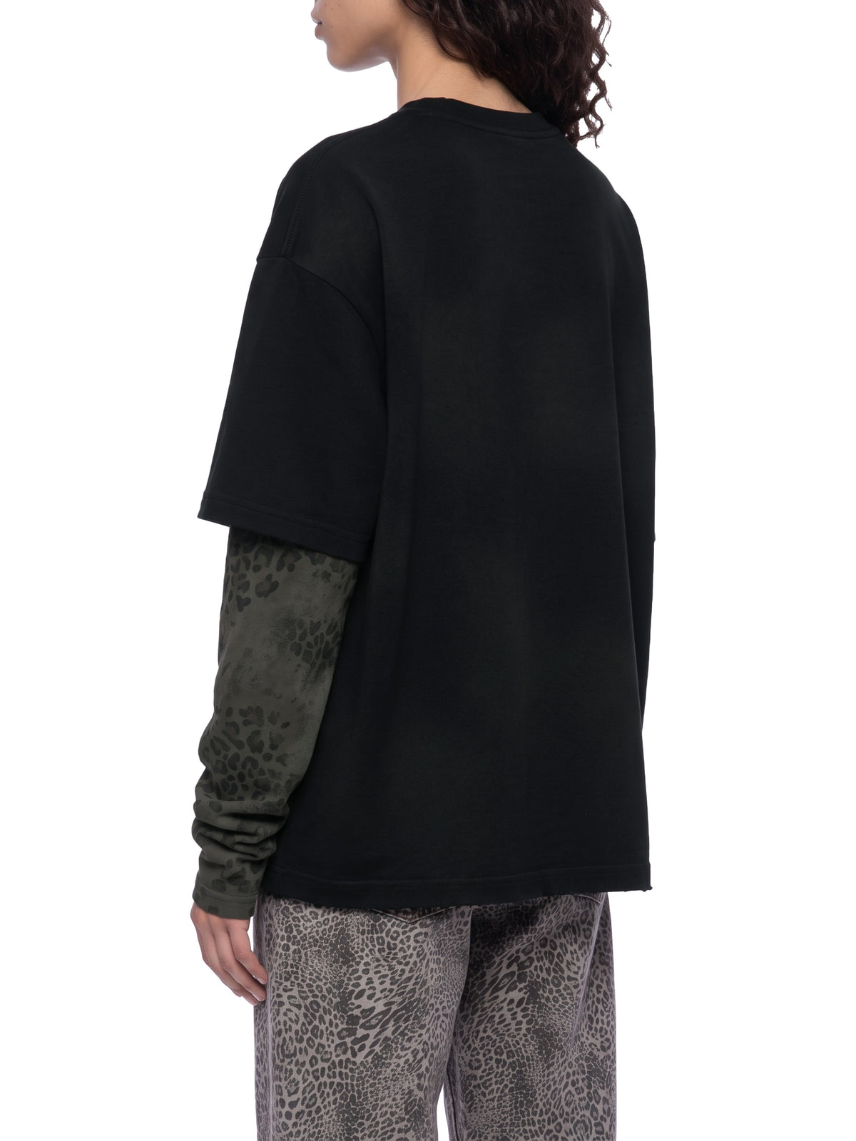Model wearing the BOB leopard panel long-sleeve tee – side