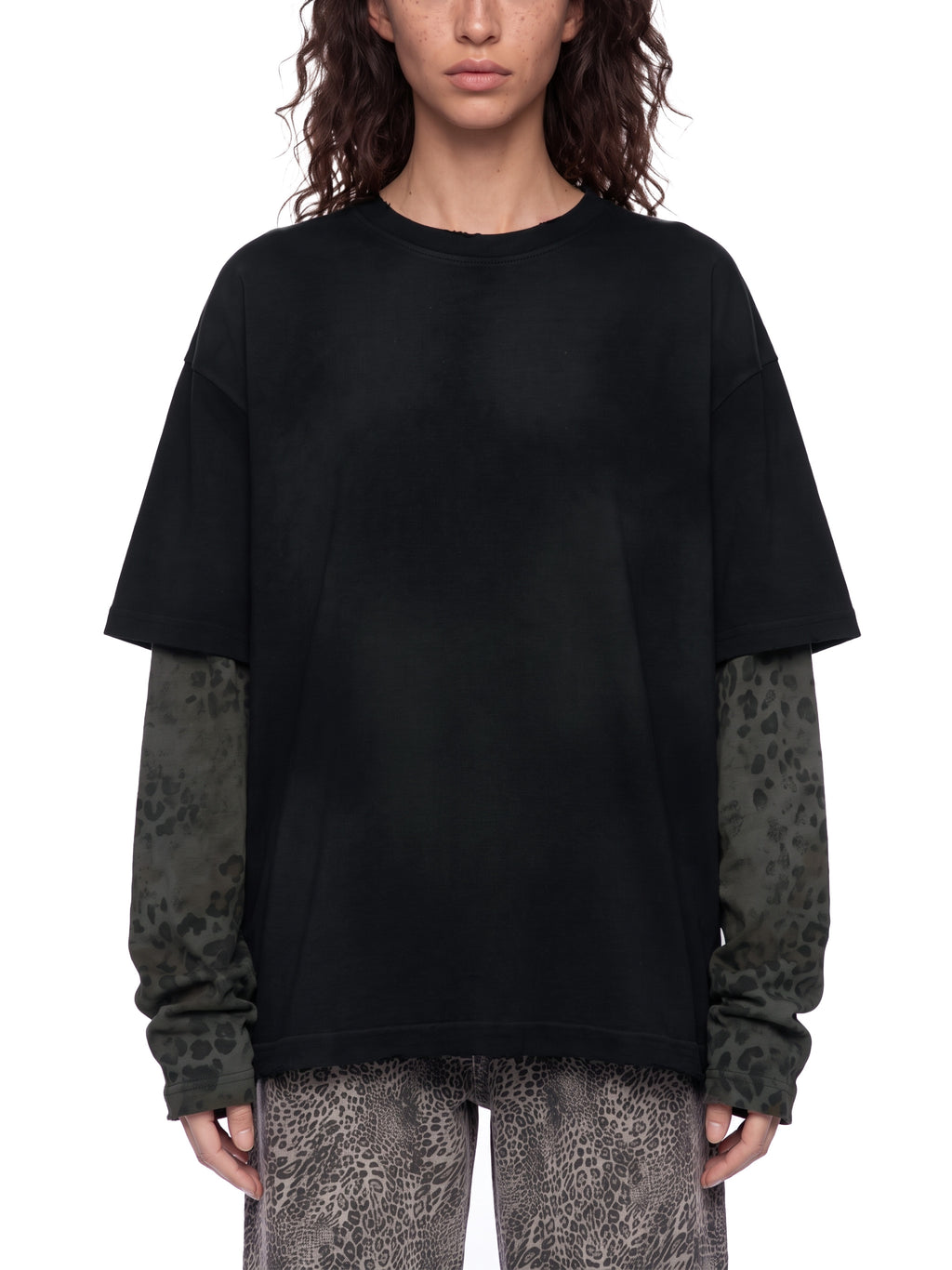 Model wearing the BOB leopard panel long-sleeve tee – front