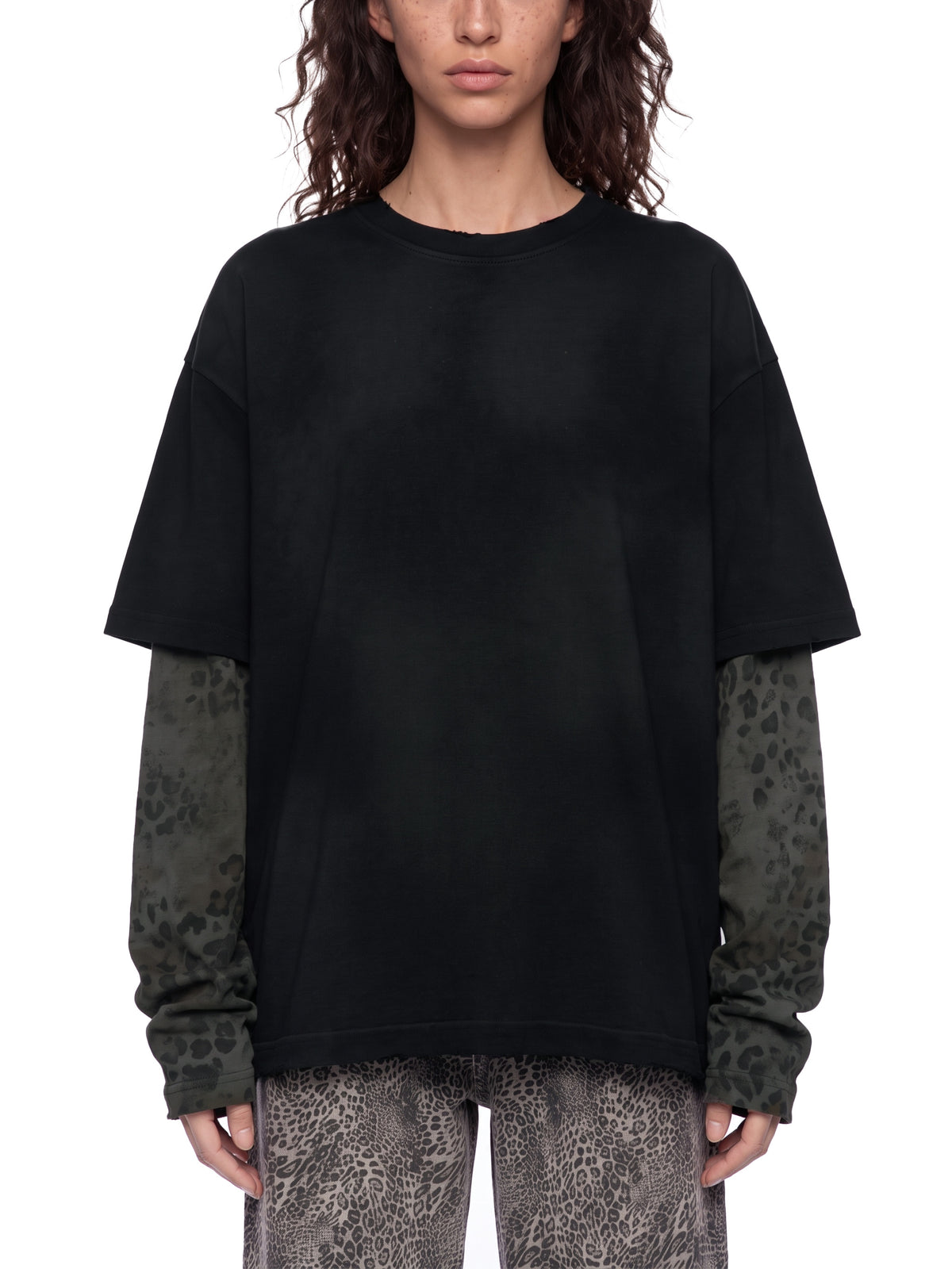 Model wearing the BOB leopard panel long-sleeve tee – front